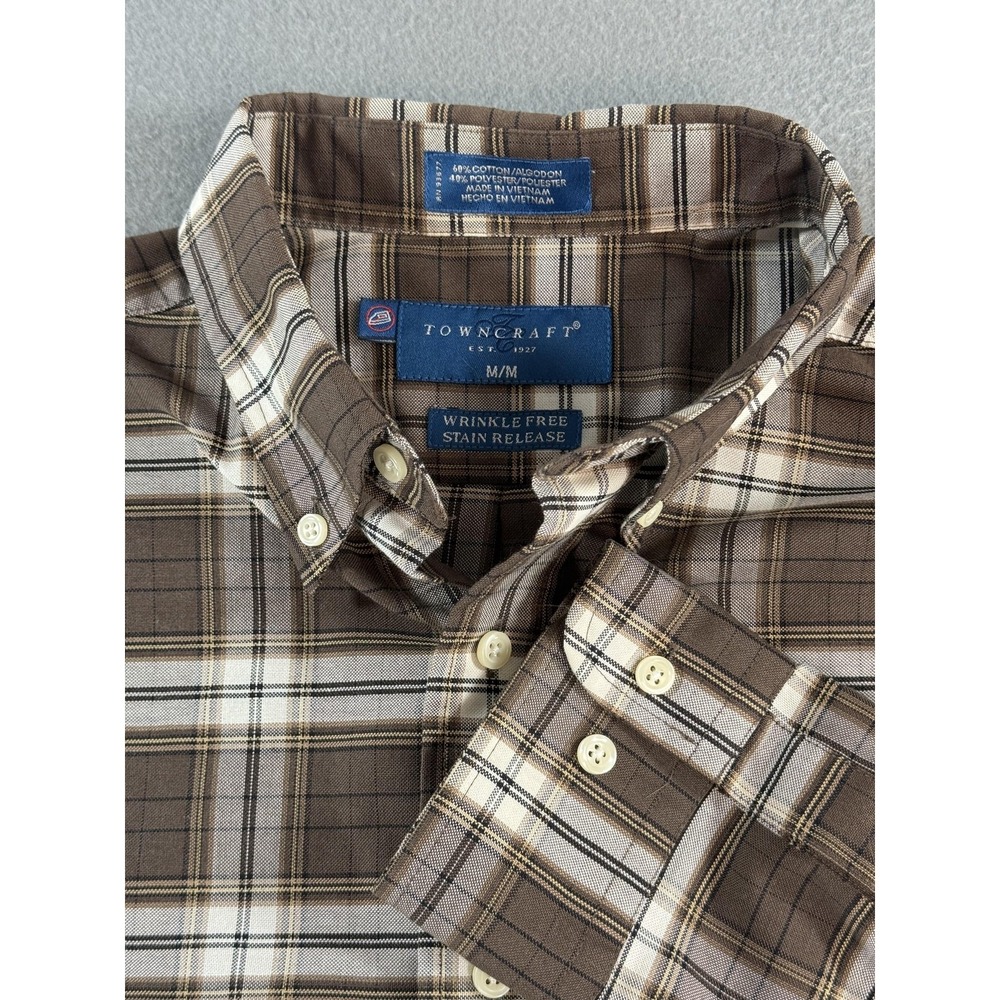 TownCraft Shirt Mens Medium Brown Plaid Button Down Long Sleeve Wrinkle Free